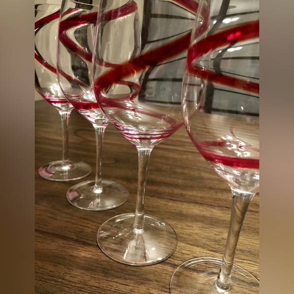 4 - RARE Pier 1 Imports RED SWIRLINE Hand Blown Water Goblet Wine Glasses 8 7/8"